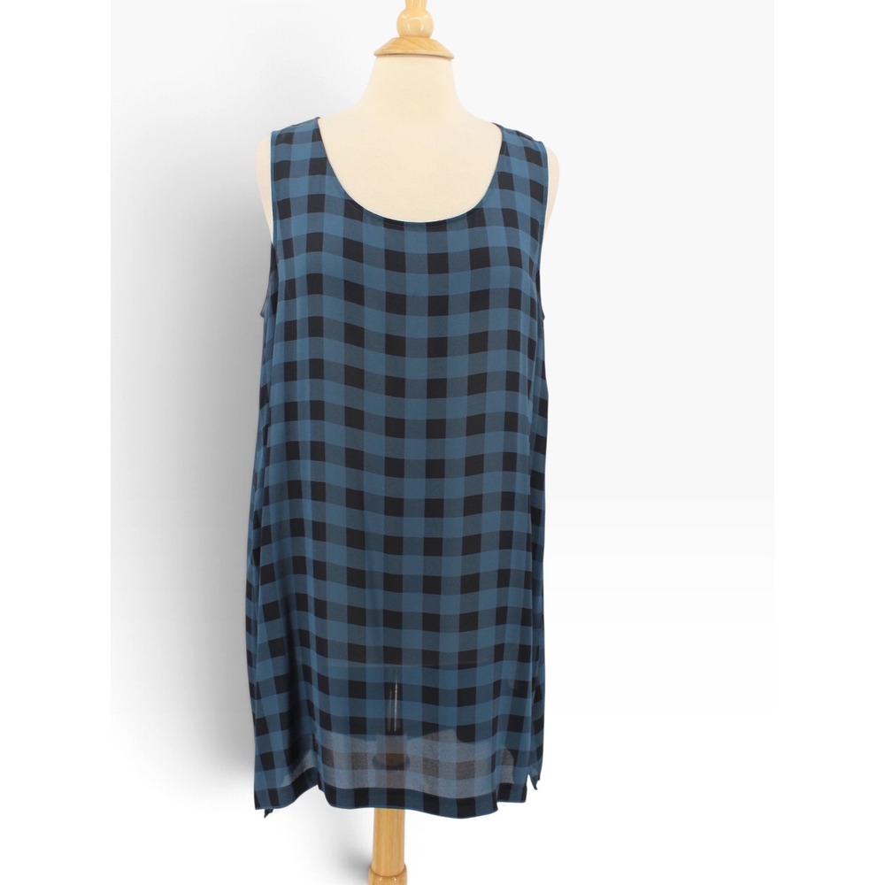 Eileen Fisher Buffalo Plaid Tunic Dress XL Silk Blue Black Sheer Sleeveless